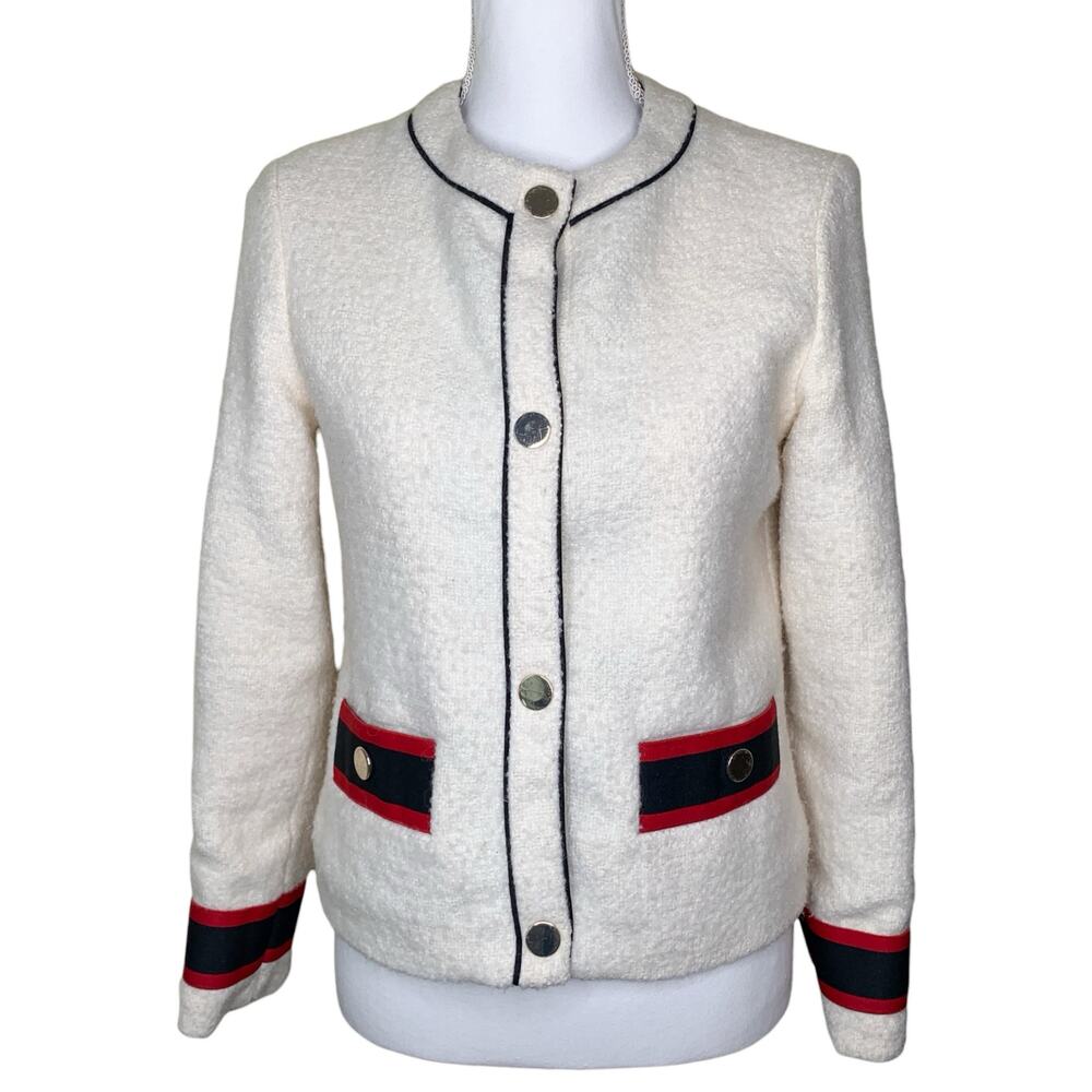 Maje Vosine Ecru Boucle Tweed Jacket Striped Trim Wool Blend Snap Front Sz EU 36